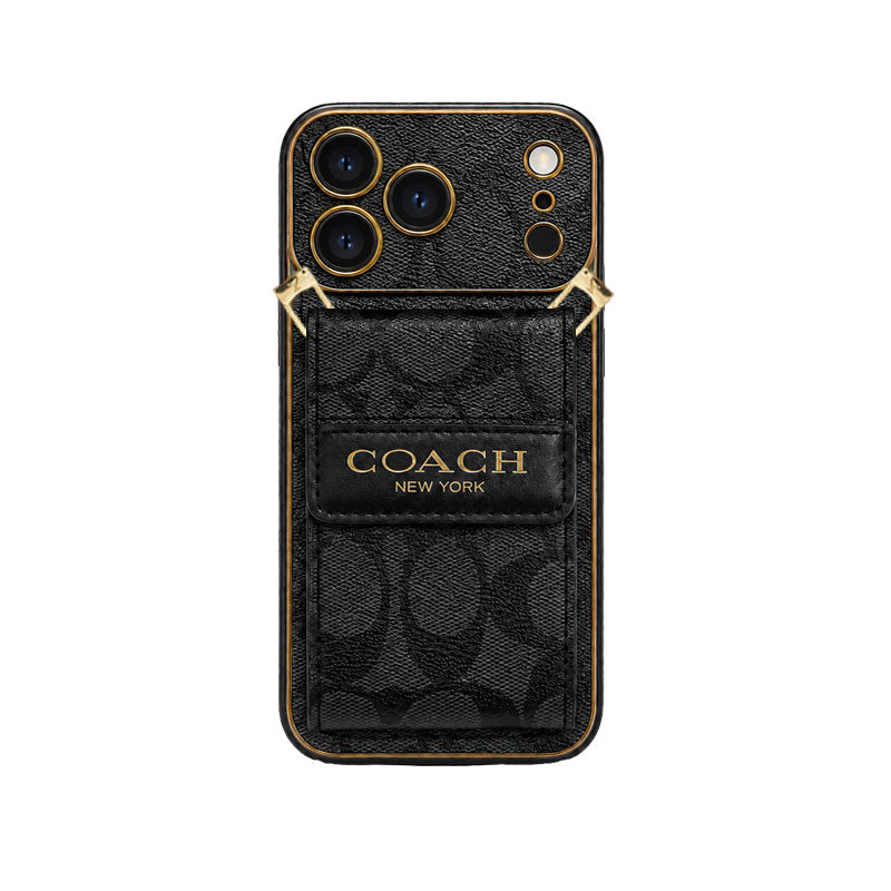 Luxury Leather Coach Phone Case with Strap for iPhone 12-18 Pro & Pro Max