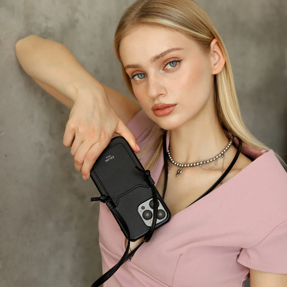 Classic Celine iPhone Case with Card Holder Black for iPhone 12-18 Pro & Pro Max