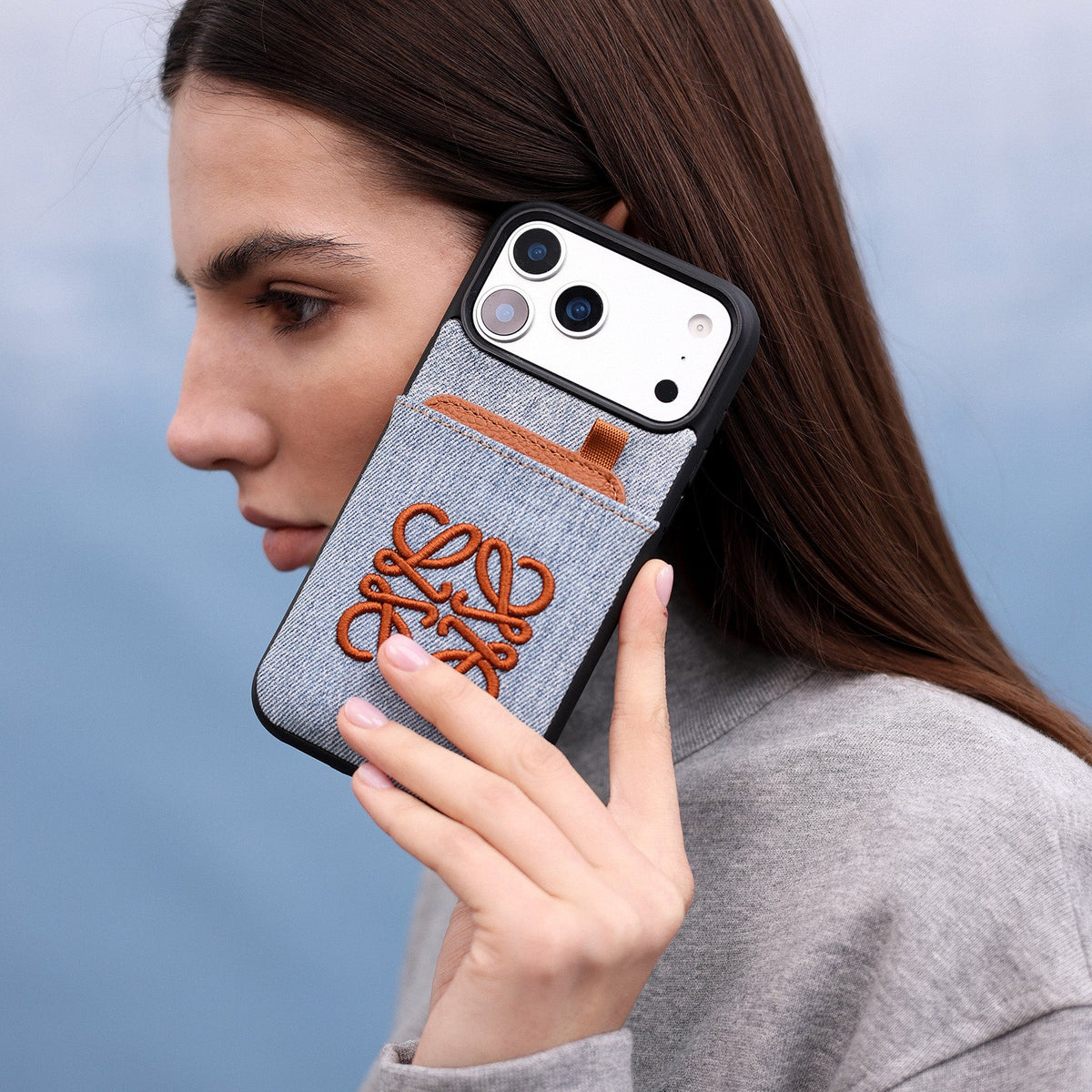 Loewe Embroidered Anagram Denim Wallet Case for iPhone 12-18 Pro & Pro Max
