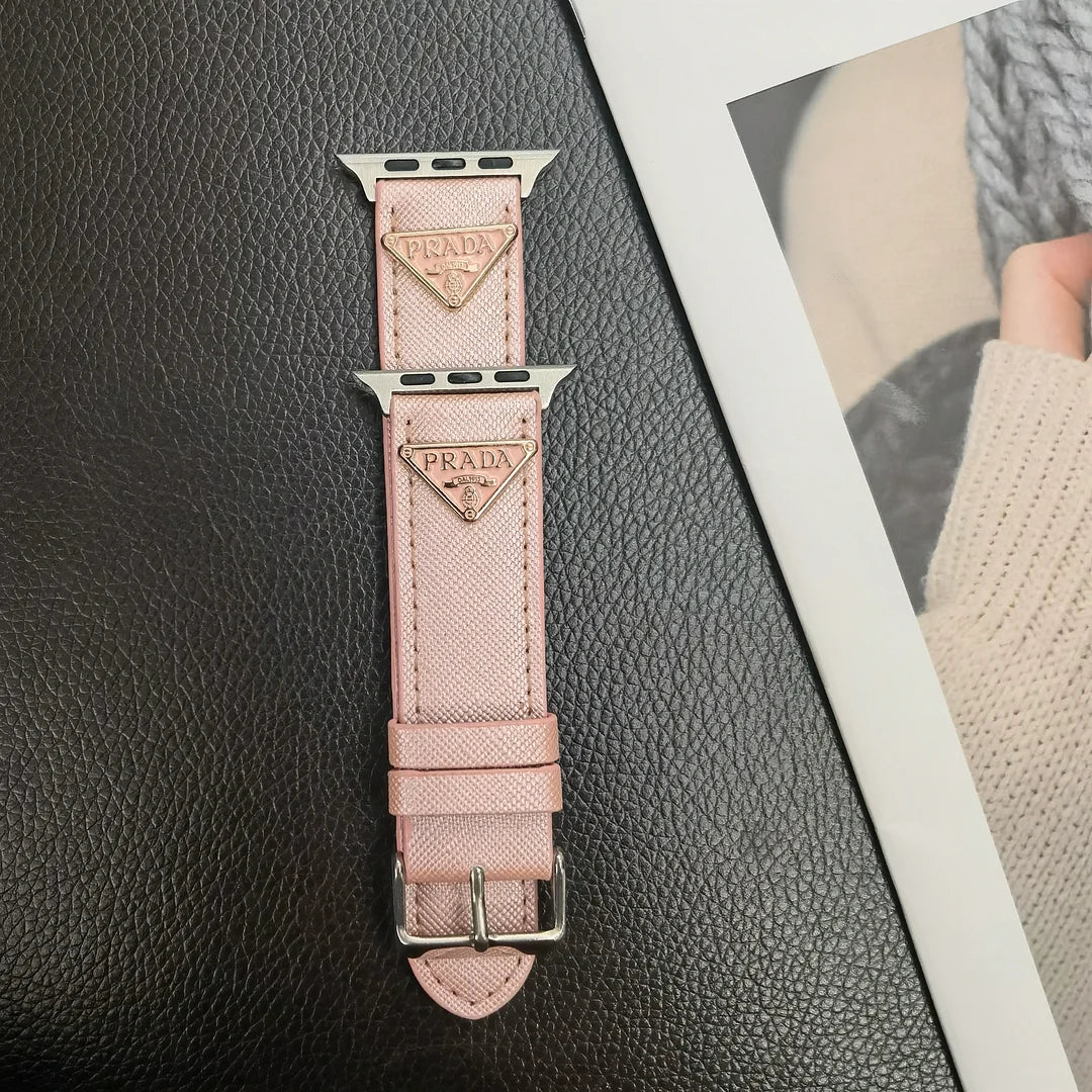 Double Triangle Monogram Label Leather Apple Watch Band Roxy New