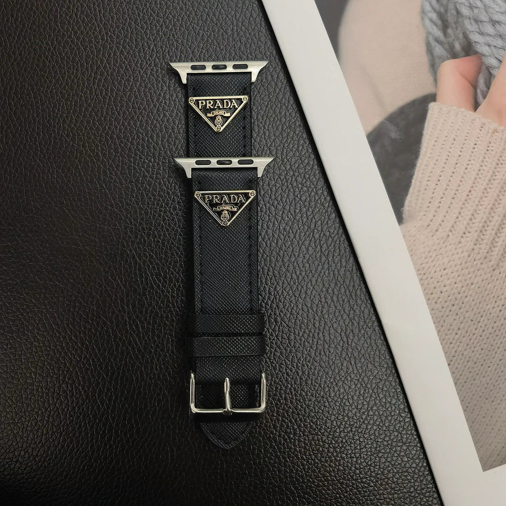 Double Triangle Monogram Label Leather Apple Watch Band Roxy New