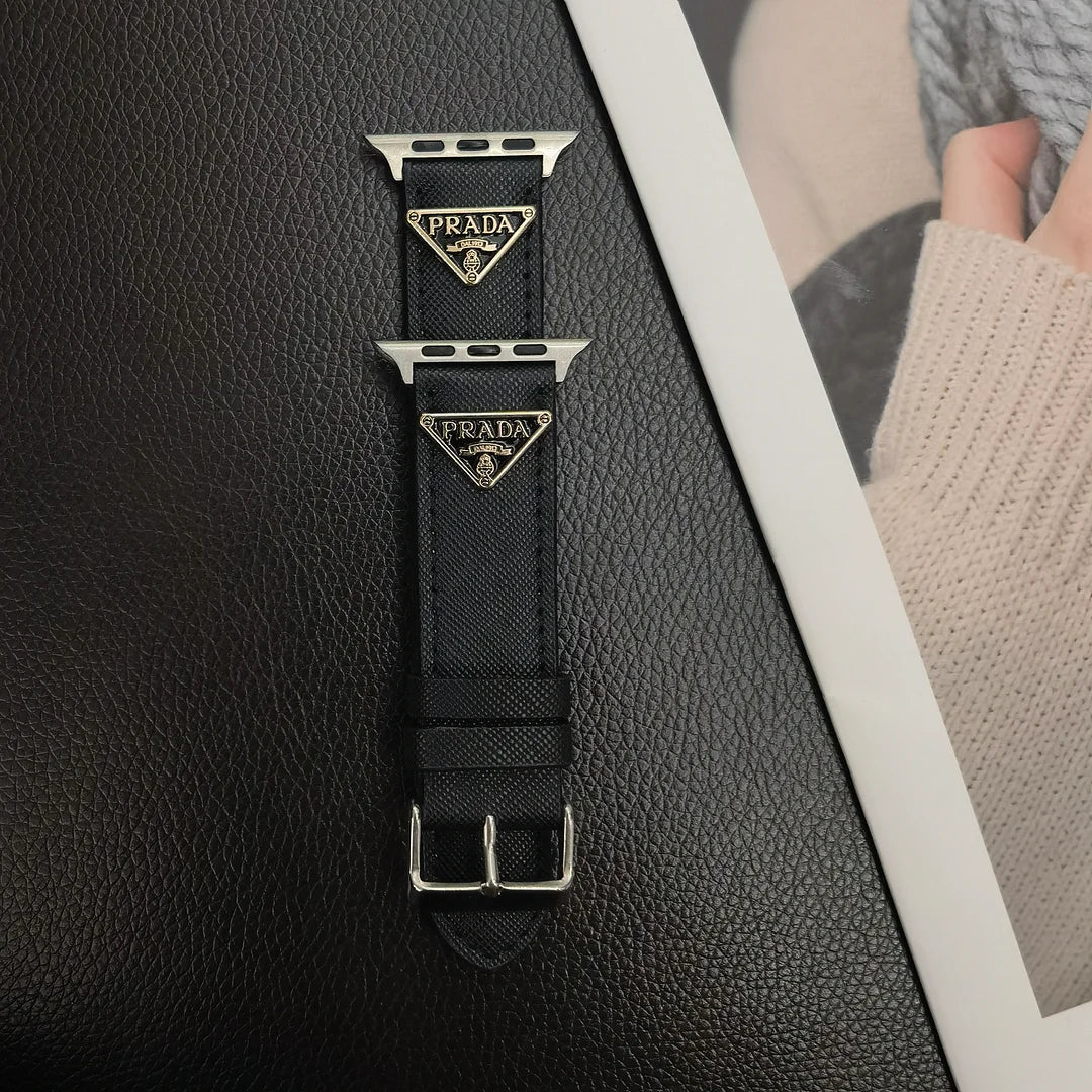 Double Triangle Monogram Label Leather Apple Watch Band Roxy New