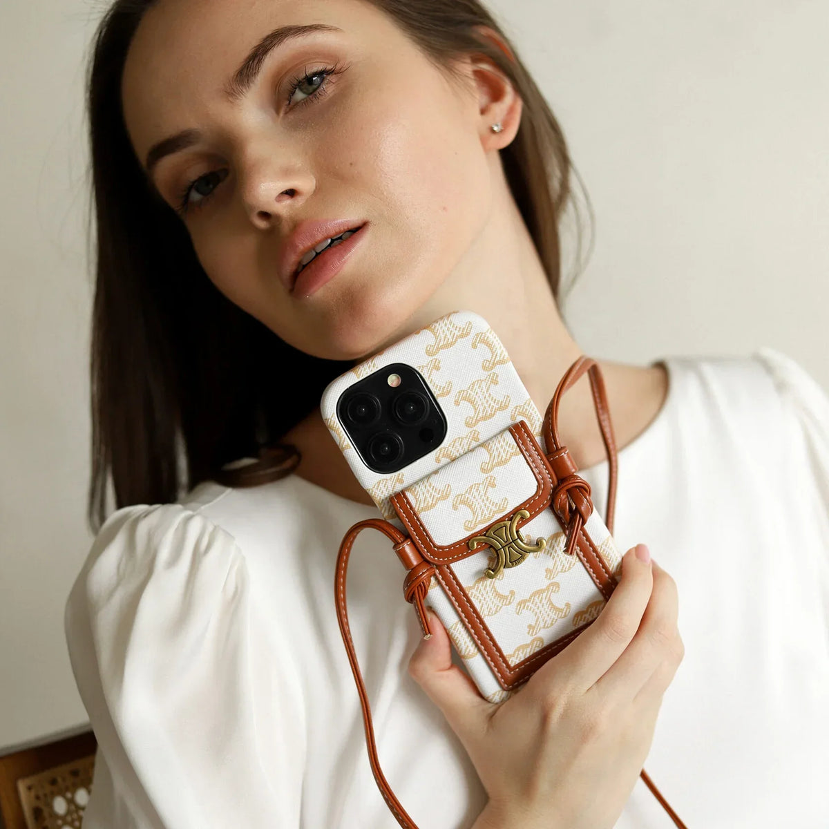 Classic Celine iPhone Case Crossbody White Print for iPhone 12-18 Pro & Pro Max