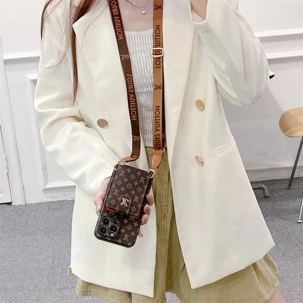 Monogram Canvas Leather Button Card Holder Crossbody iPhone Case Roxy New 2