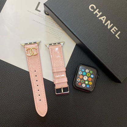 Glossy Leather Apple Watch Strap Luxury Metal Logo Roxy New 2