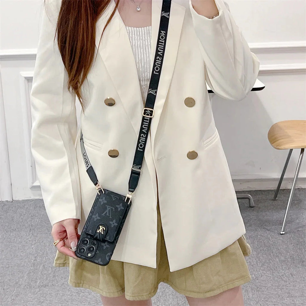 Monogram Canvas Leather Button Card Holder Crossbody iPhone Case Roxy New 2