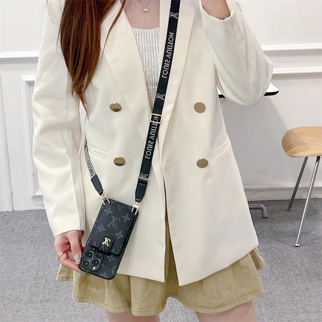 Monogram Canvas Leather Button Card Holder Crossbody iPhone Case Roxy New 2