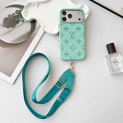 Elite Monogram Leather Case with Designer Crossbody Strap for iPhone 13-17 Series