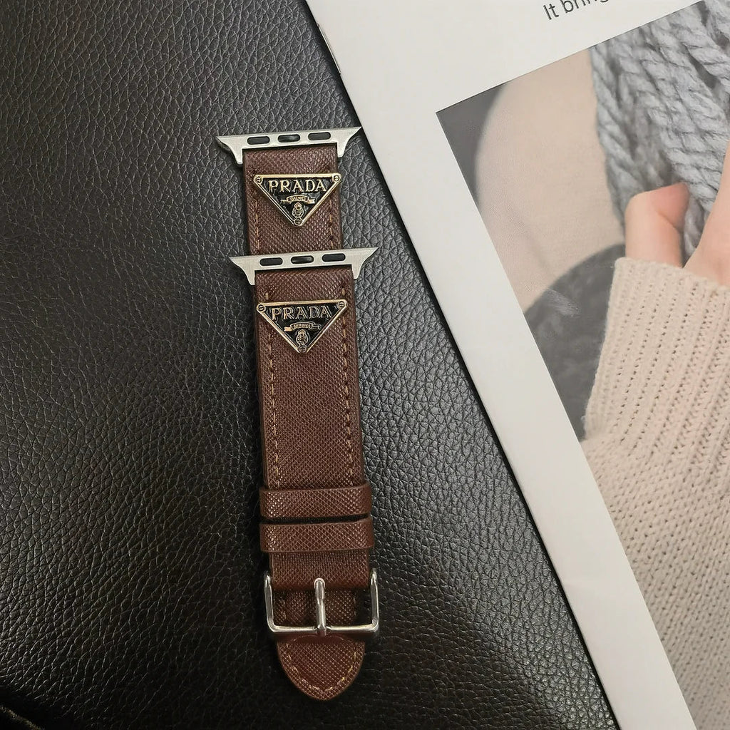 Double Triangle Monogram Label Leather Apple Watch Band Roxy New