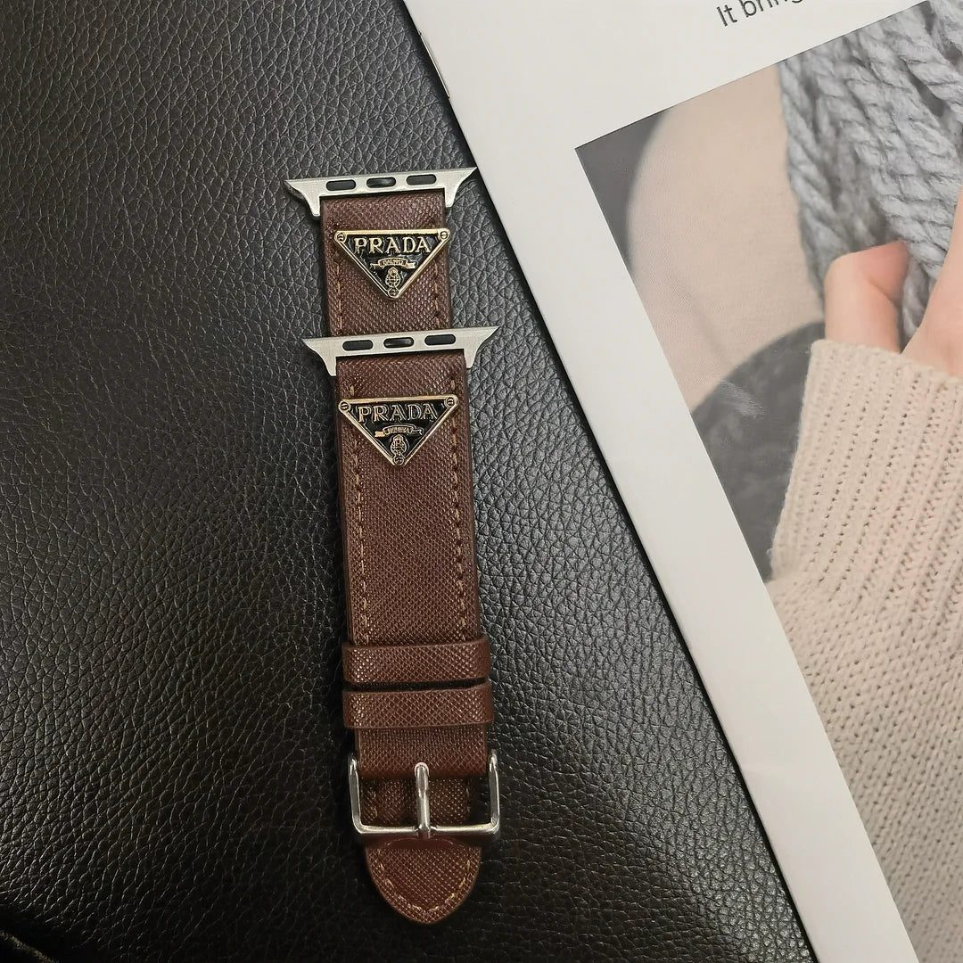 Double Triangle Monogram Label Leather Apple Watch Band Roxy New