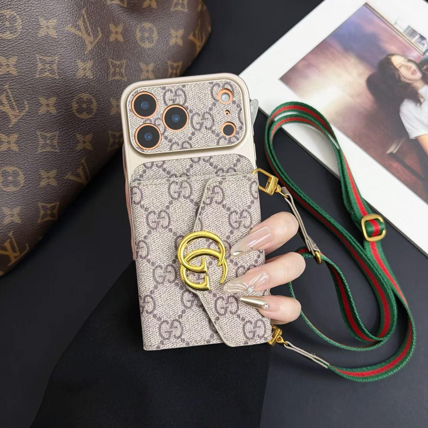 Luxury GG Supreme Monogram Wallet iPhone Case with Crossbody Lanyard Strap
