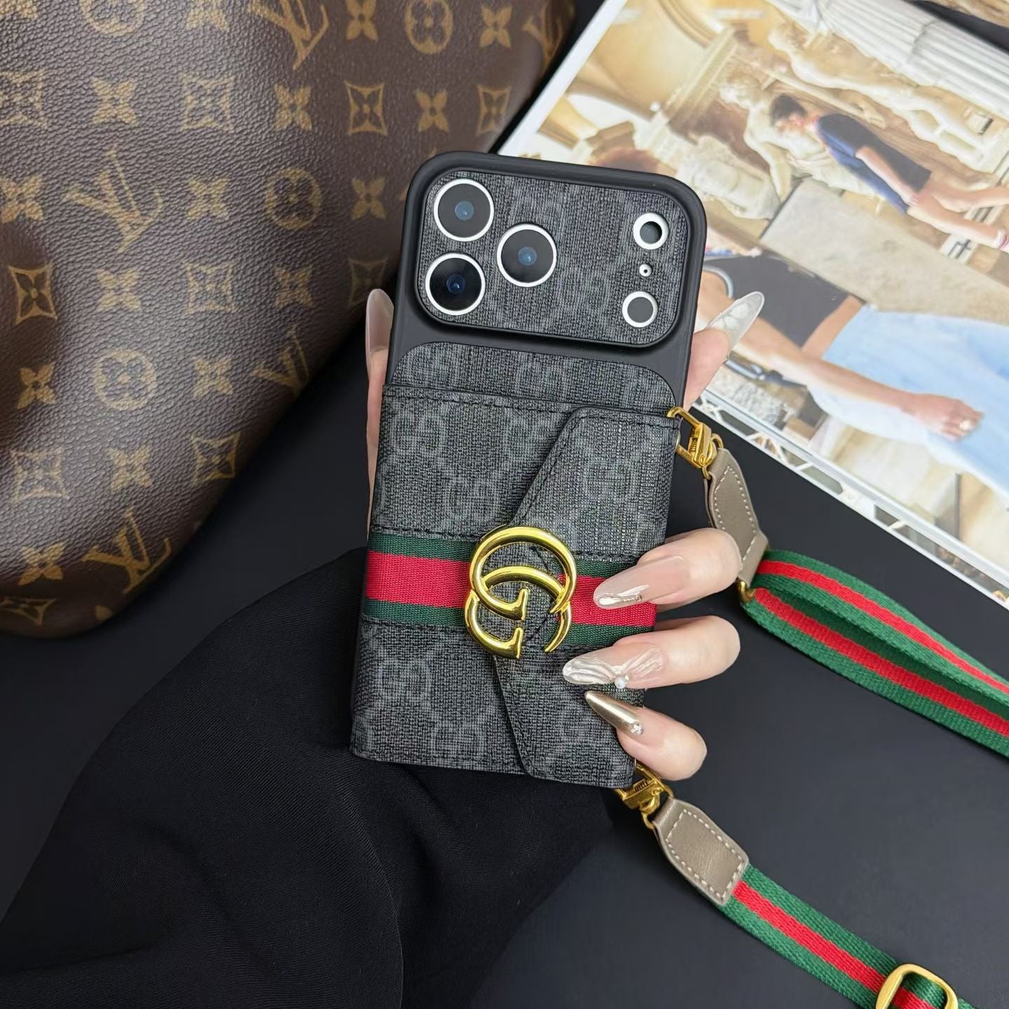 Luxury GG Supreme Monogram Wallet iPhone Case with Crossbody Lanyard Strap