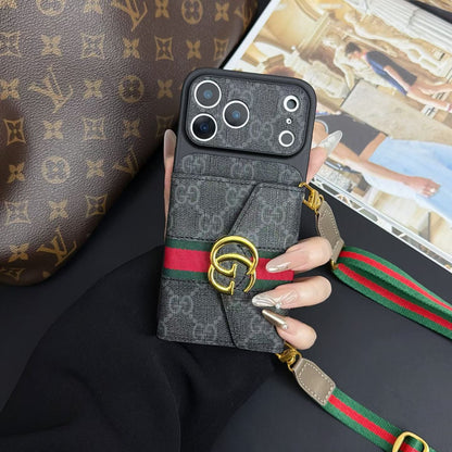 Luxury GG Supreme Monogram Wallet iPhone Case with Crossbody Lanyard Strap