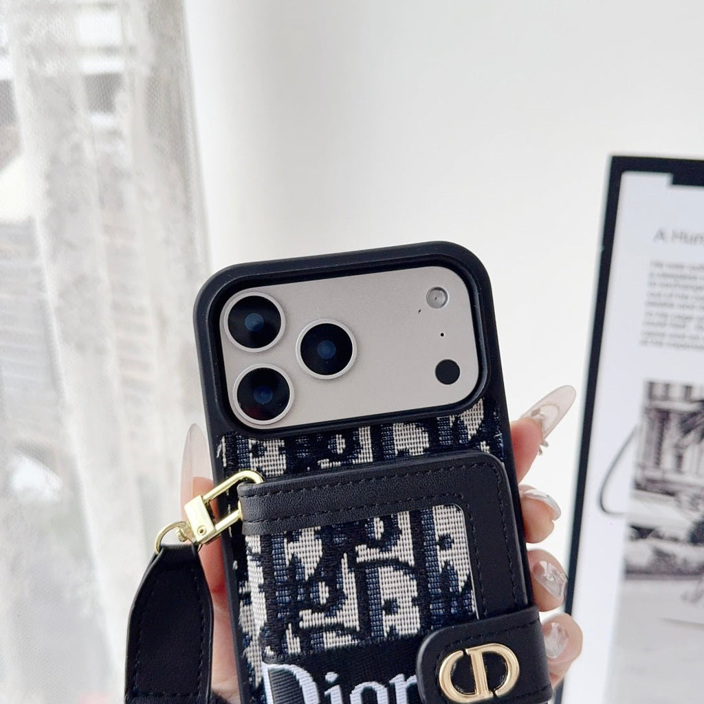 Dior Leather Phone Case With Card Wallet And Strap For iPhone 17 / 16 / 15 / 14