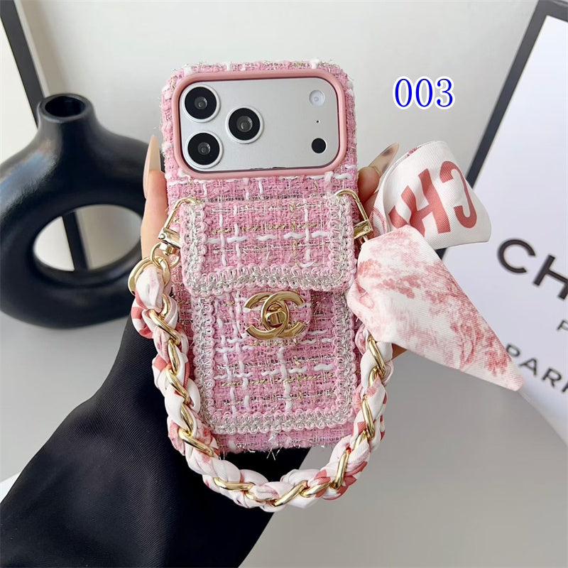 Luxury Tweed Designer Phone Case Classic Purse Style with Scarf Chain