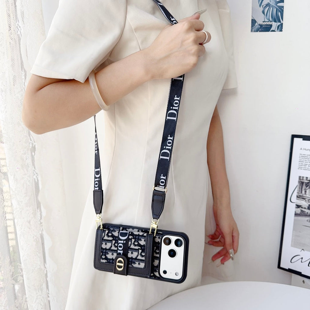 Dior Leather Phone Case With Card Wallet And Strap For iPhone 17 / 16 / 15 / 14