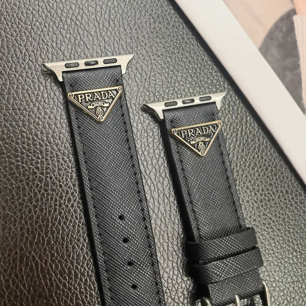 Double Triangle Monogram Label Leather Apple Watch Band Roxy New