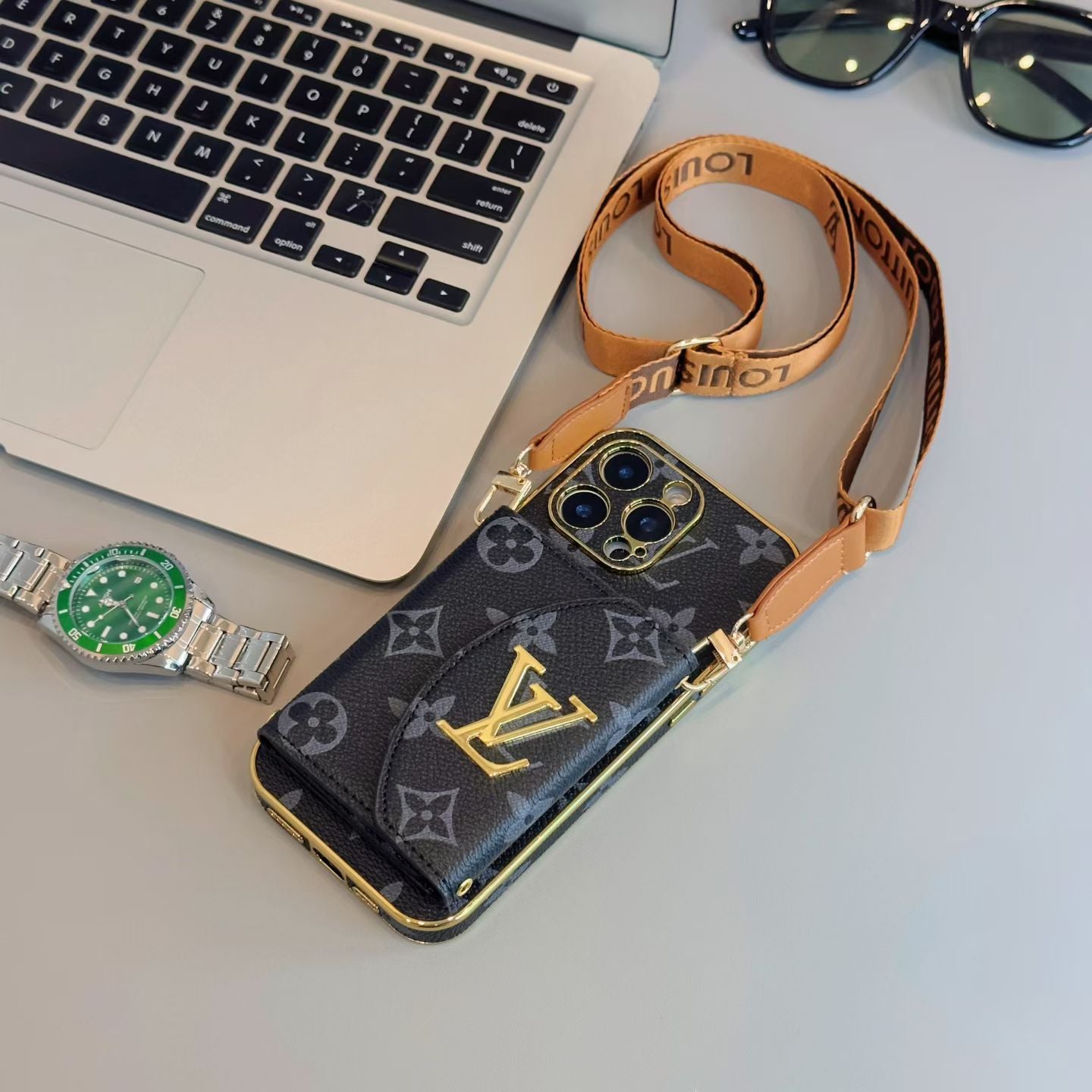 Luxury Crossbody Wallet iPhone Case | Designer Logo Card Holder with Adjustable Lanyard