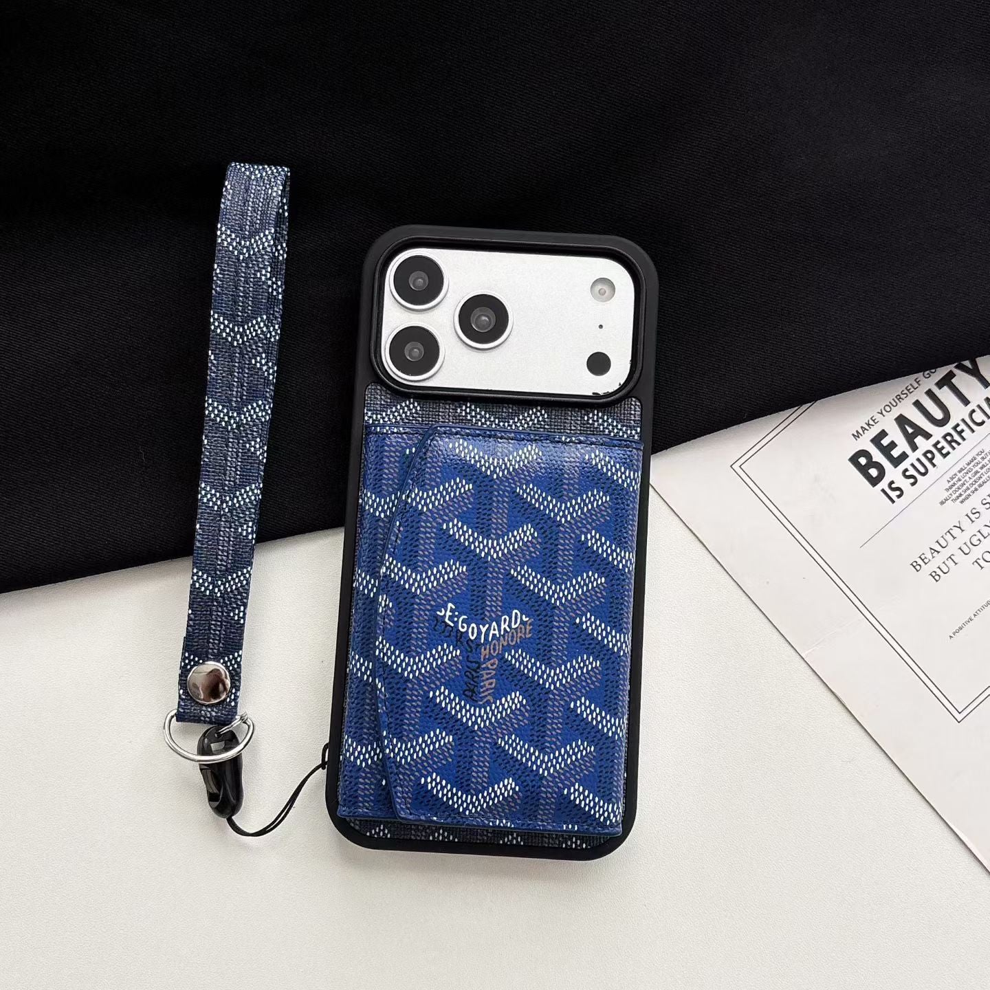 Luxury GYD Pattern Tri-Fold Wallet Phone Case with Matching Wristlet Strap