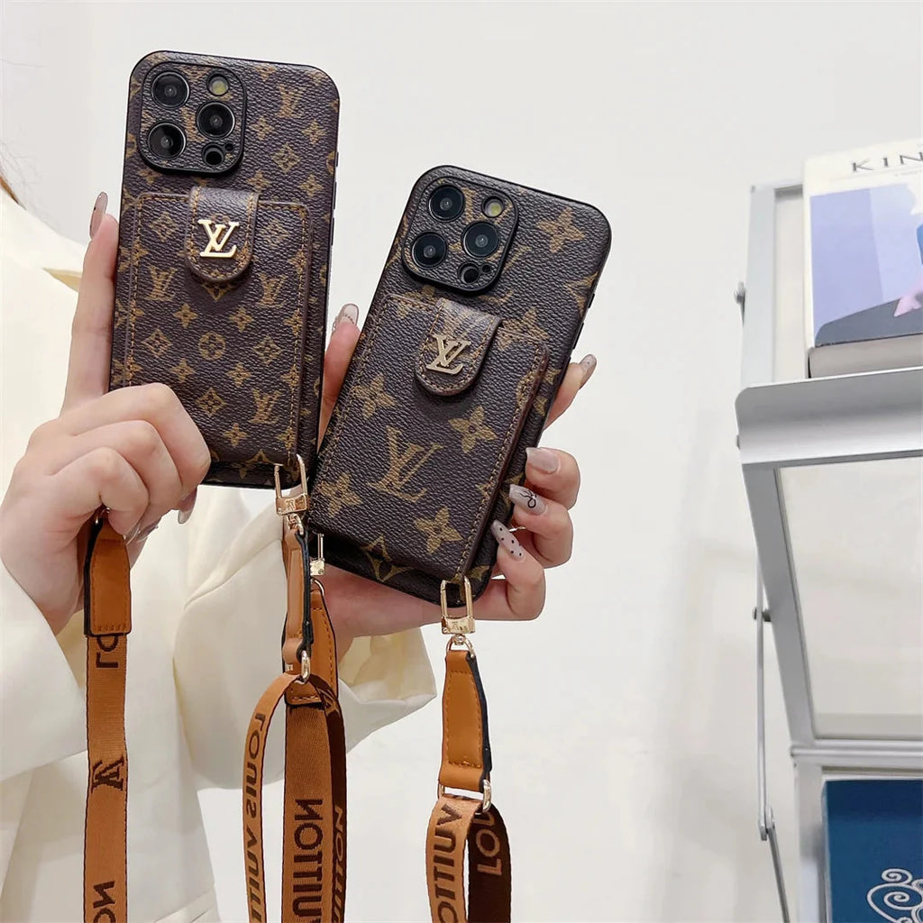 Monogram Canvas Leather Button Card Holder Crossbody iPhone Case Roxy New 2