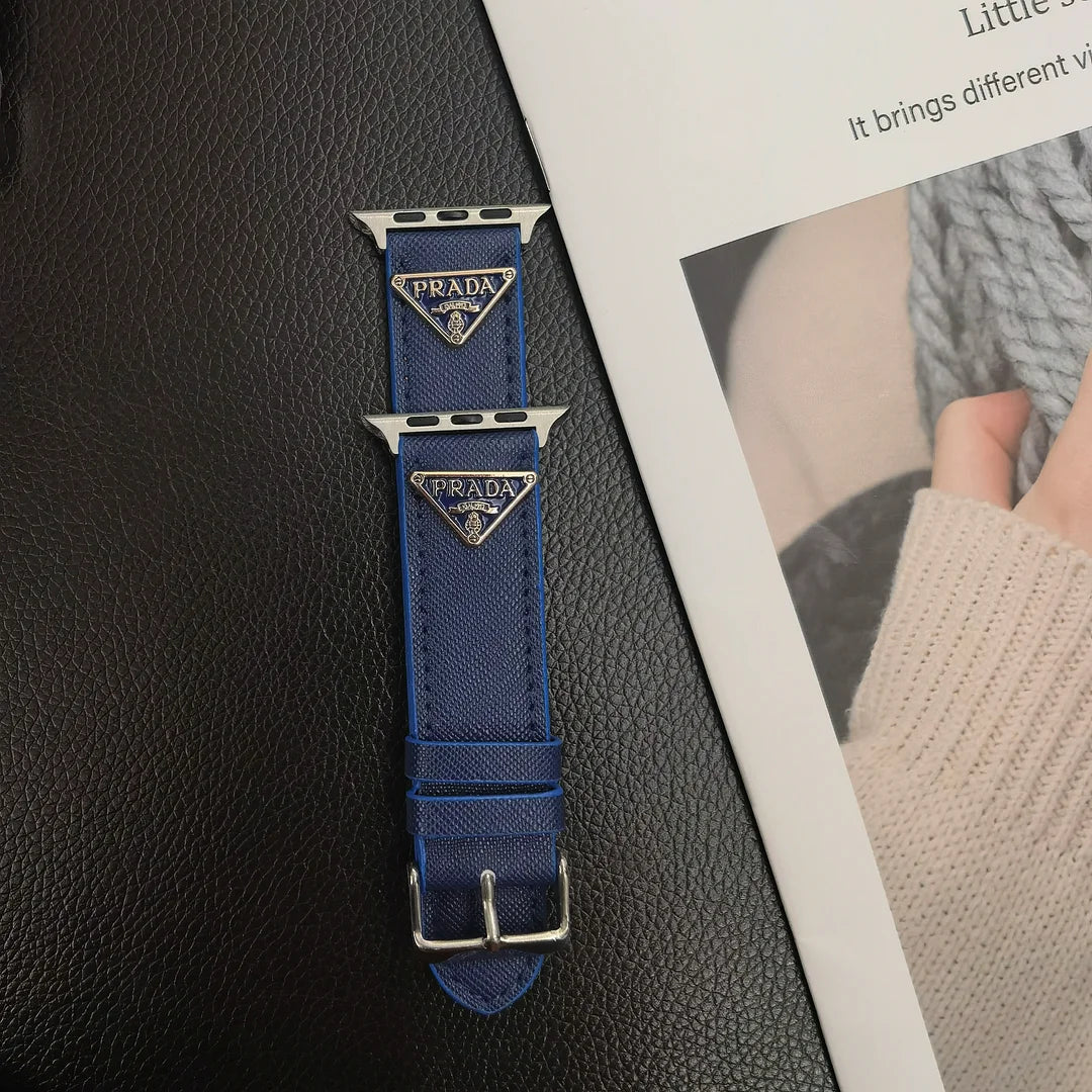 Double Triangle Monogram Label Leather Apple Watch Band Roxy New