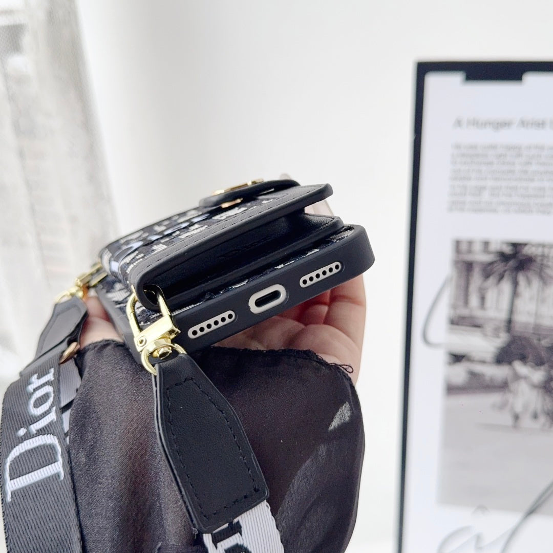 Dior Leather Phone Case With Card Wallet And Strap For iPhone 17 / 16 / 15 / 14