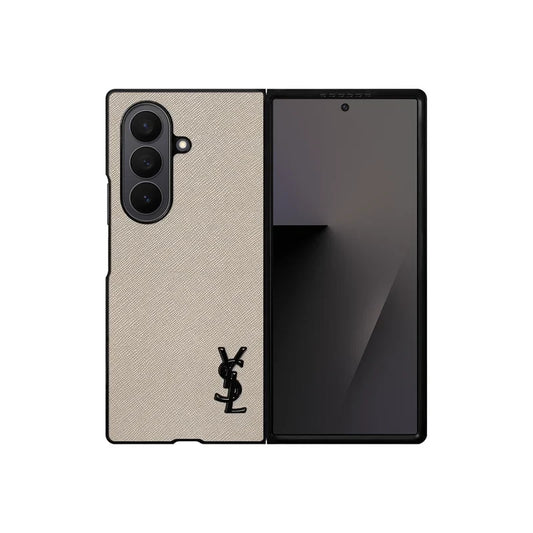 Luxury YSL Leather Case Beige for Samsung Galaxy Z Fold & Z Flip Series