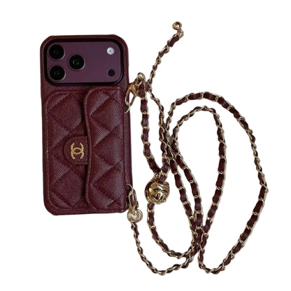 CHN Quilted Caviar Leather Case with Flap Pocket for iPhone 12-18 Pro & Pro Max