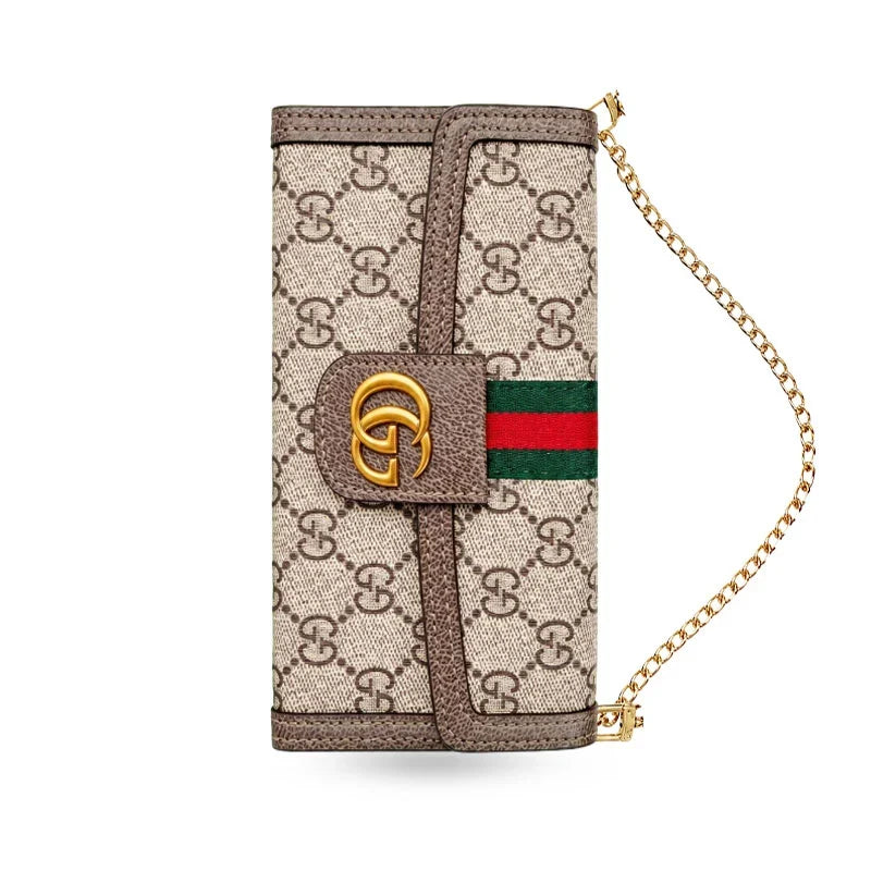 Classic Leather GG iPhone Case with Flip Wallet and Crossbody Strap For iPhone 12-18 Pro & Pro Max