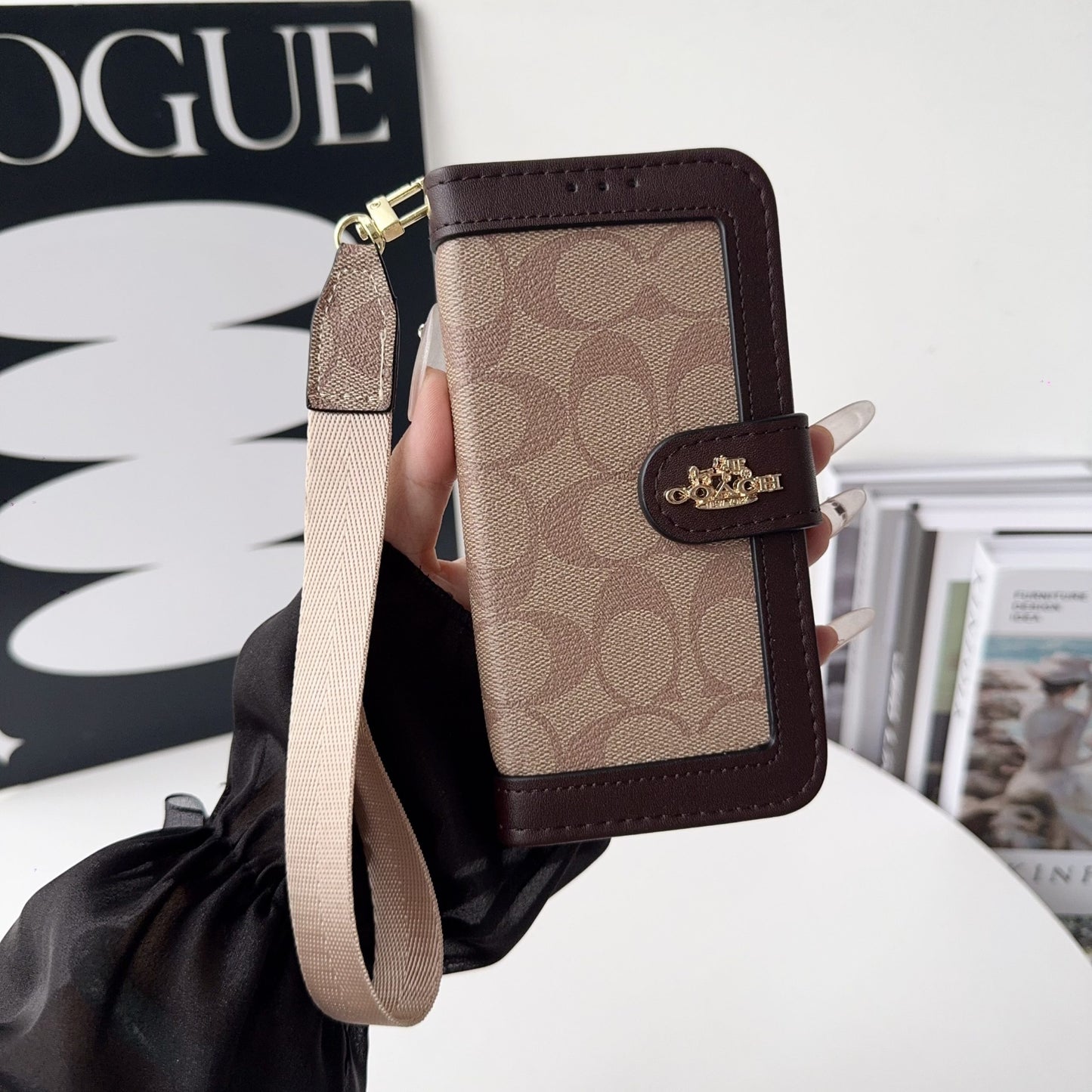 Luxury Monogram Canvas Wallet Case for iPhone 12-17 Detachable Wristlet & Card Holder