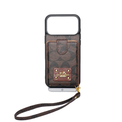 Luxury Monogram Card Holder Phone Case with Strap for iPhone 12-17 Series