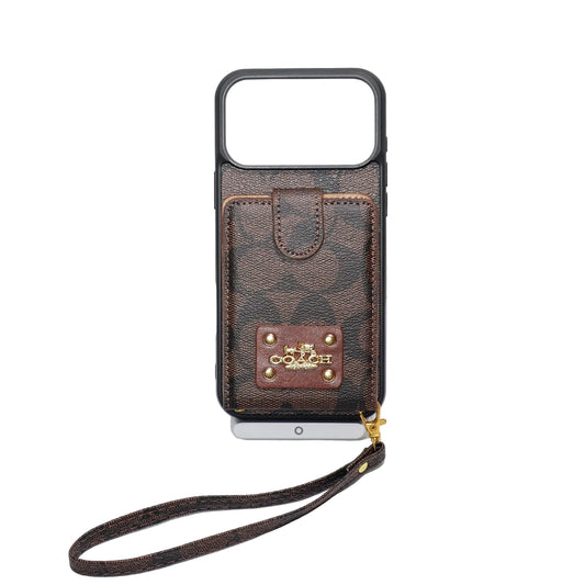 Luxury Monogram Card Holder Phone Case with Strap for iPhone 12-17 Series