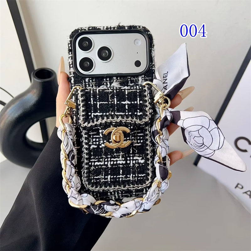 Luxury Tweed Designer Phone Case Classic Purse Style with Scarf Chain