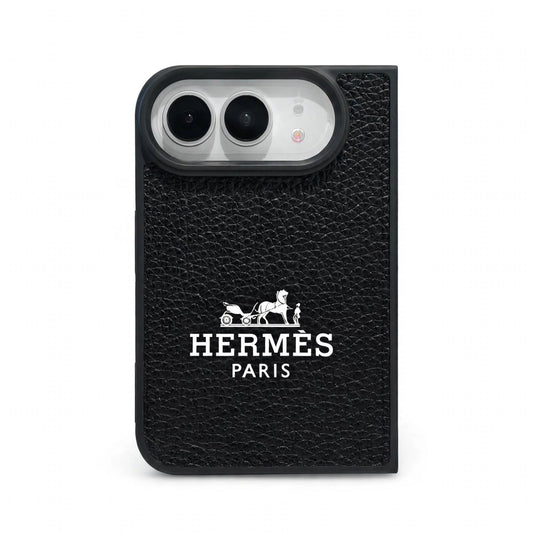 Luxury Textured Hermes Leather Logo Printed Case for iPhone Duo
