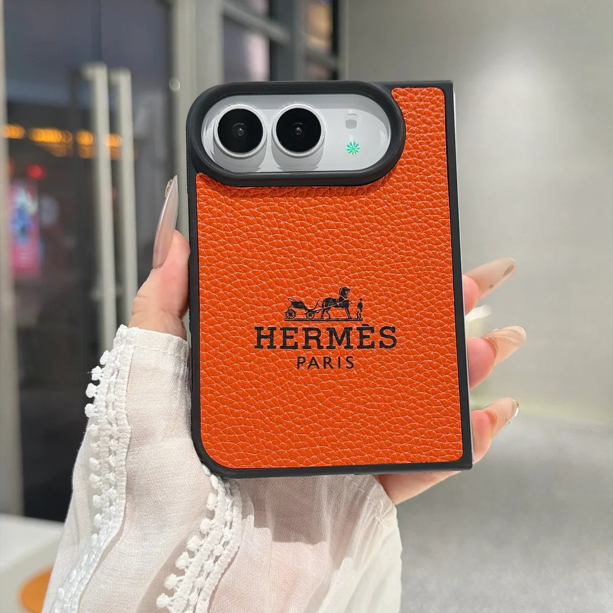 Luxury Textured Hermes Leather Logo Printed Case for iPhone Duo
