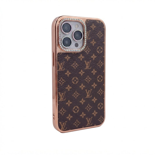 LV Classic Monogram Leather Case with Gold Border for iPhone 13-18 Pro & Pro Max