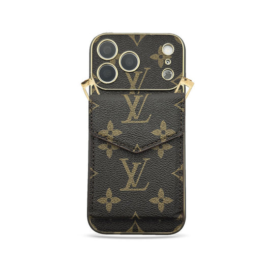 Premium Leather Monogram iPhone Case With Wallet And Crossbody Strap