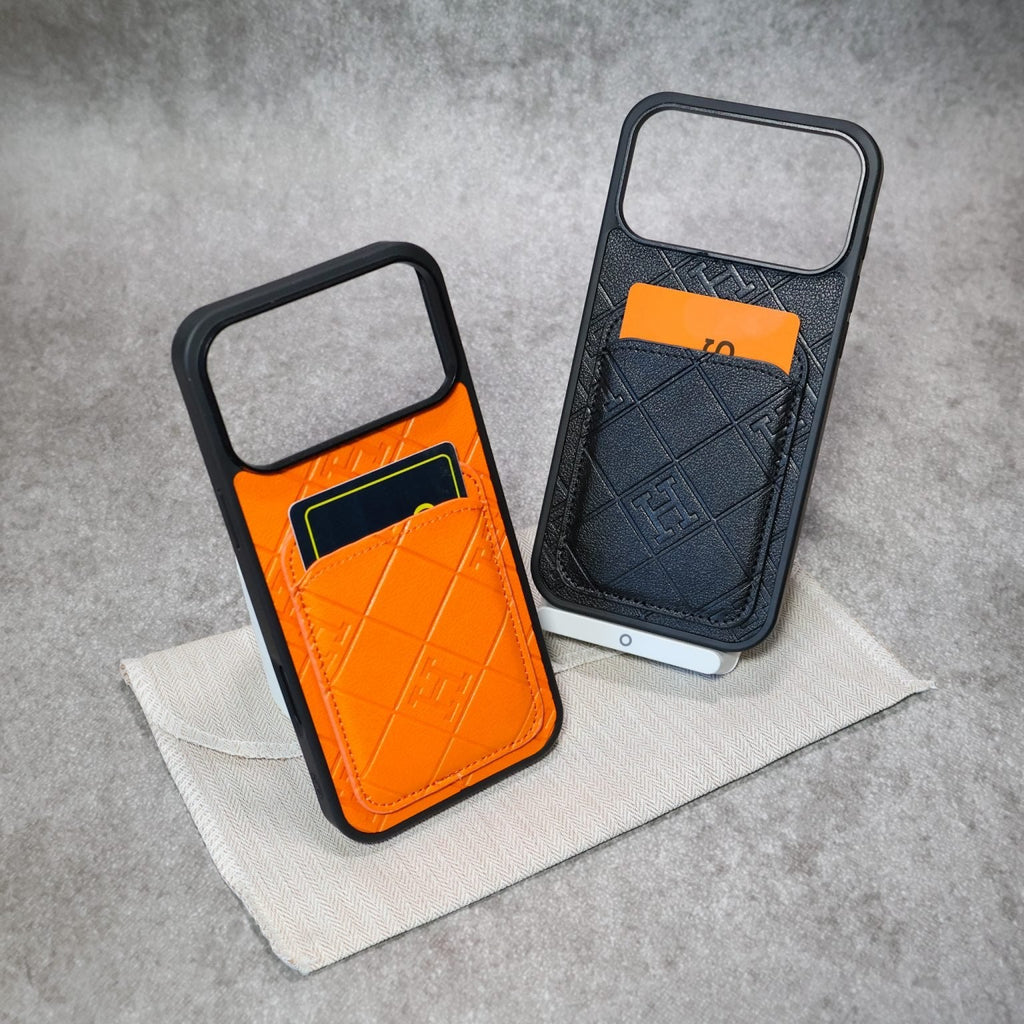 Stamped Leather H Phone Case With Card Holder  For iPhone 17 / 16 / 15 / 14