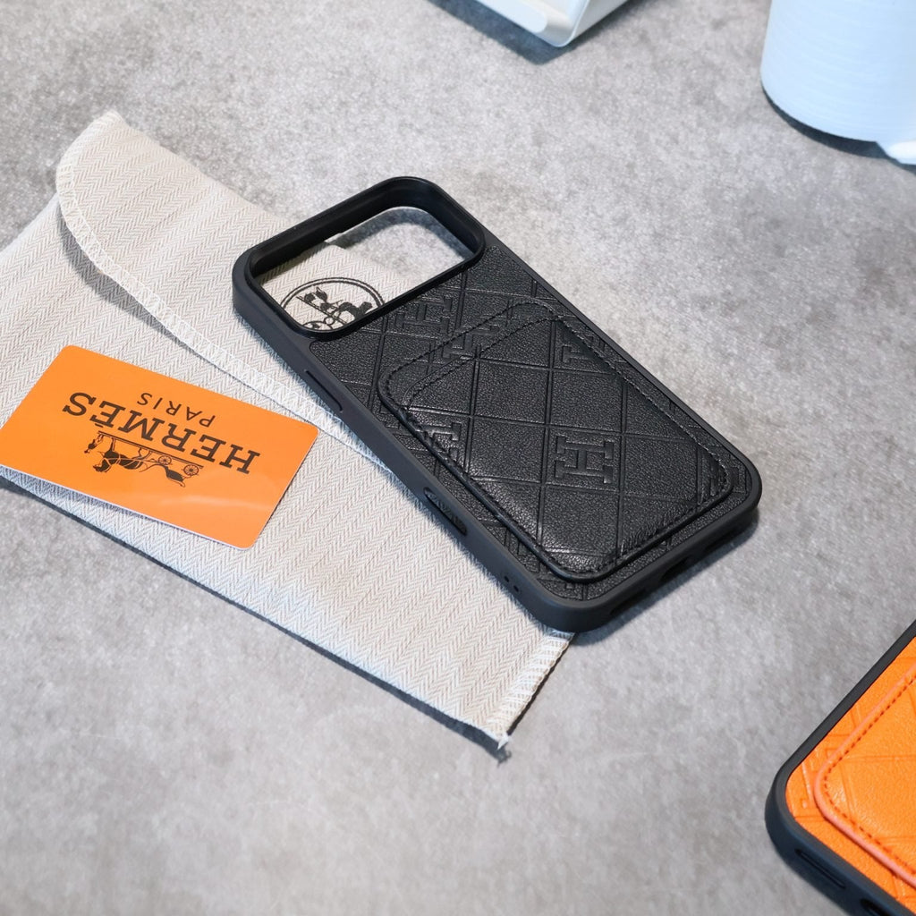 Stamped Leather H Phone Case With Card Holder  For iPhone 17 / 16 / 15 / 14