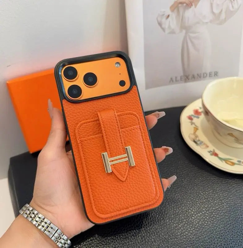 Hermes Leather Phone Cover Card Slot For iPhone 12-17 Series