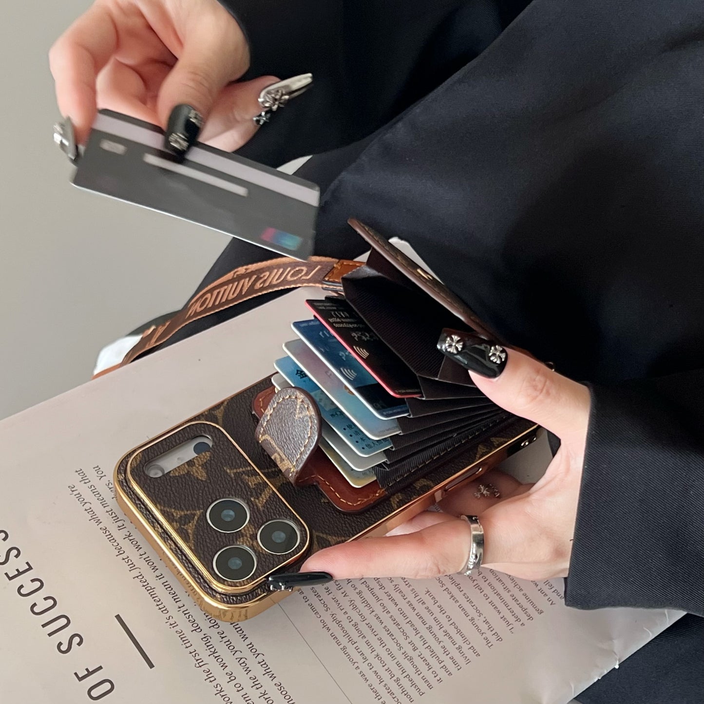 Luxury Leather Monogram Phone Case With Card Holder For iPhone 12- 17