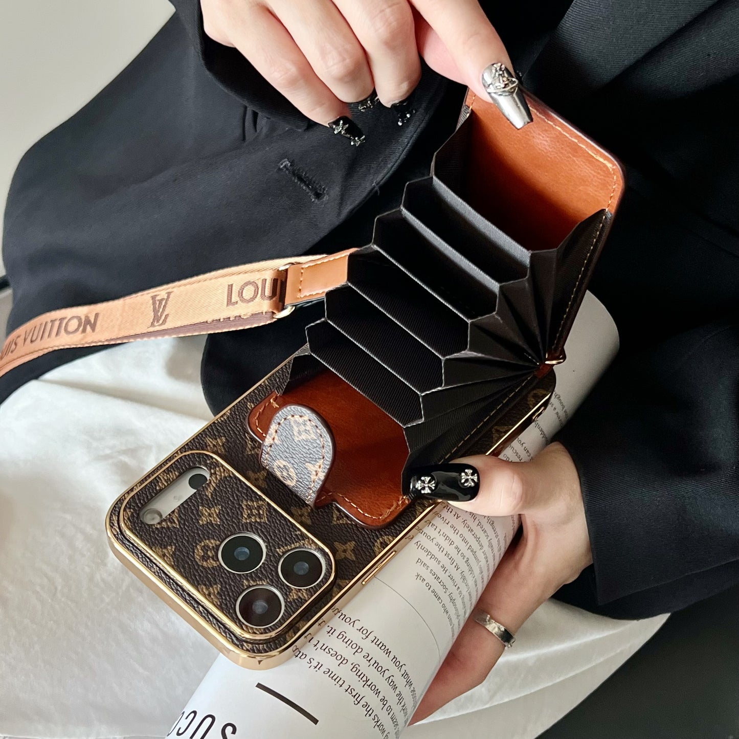 Luxury Leather Monogram Phone Case With Card Holder For iPhone 12- 17
