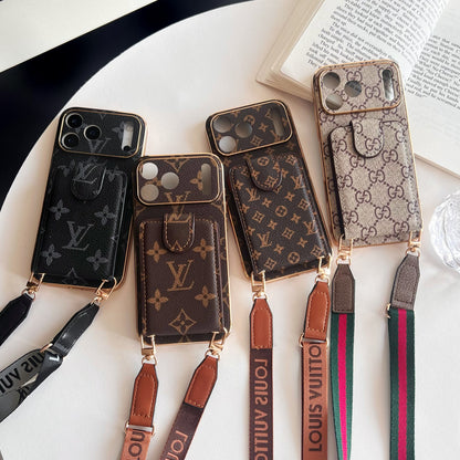 Luxury Leather Monogram Phone Case With Card Holder For iPhone 12- 17