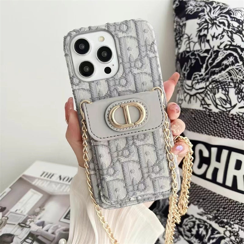 Dior Luxury iPhone Case with Chain, Card Slot, and Metal Logo Roxy New 2