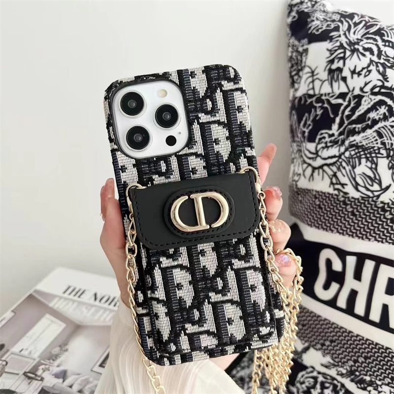 Dior Luxury iPhone Case with Chain, Card Slot, and Metal Logo Roxy New 2