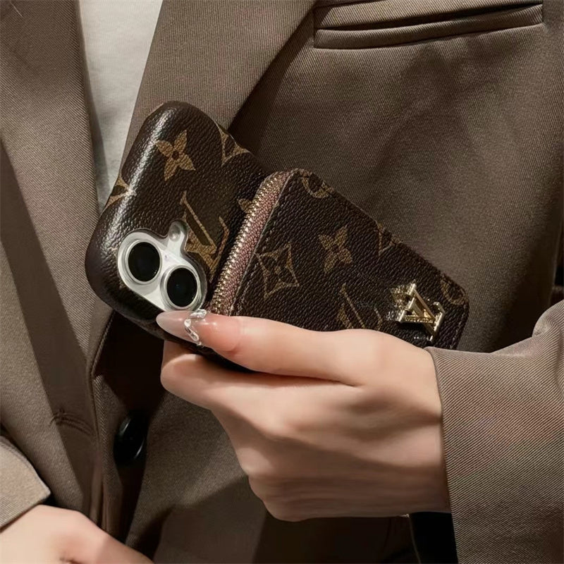 Monogram LV Leather iPhone Case with CardHolder Strap theroxymob