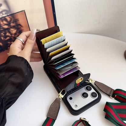 GG Classic Leather Card Holder Case with Strap for iPhone 12-18