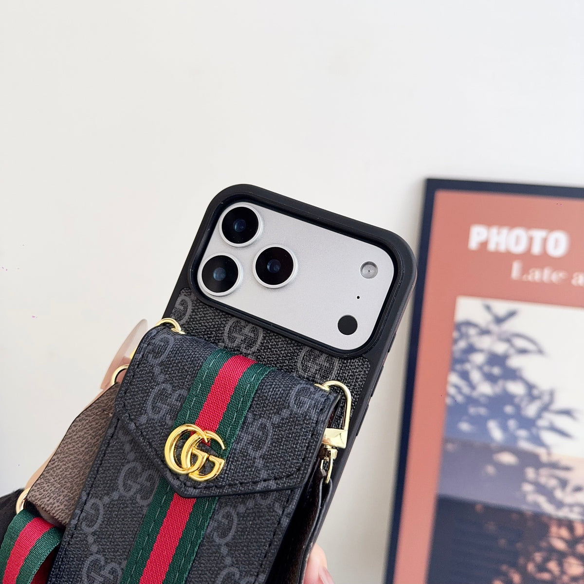 GG Classic Leather Card Holder Case with Strap for iPhone 12-18