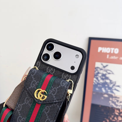 GG Classic Leather Card Holder Case with Strap for iPhone 12-18