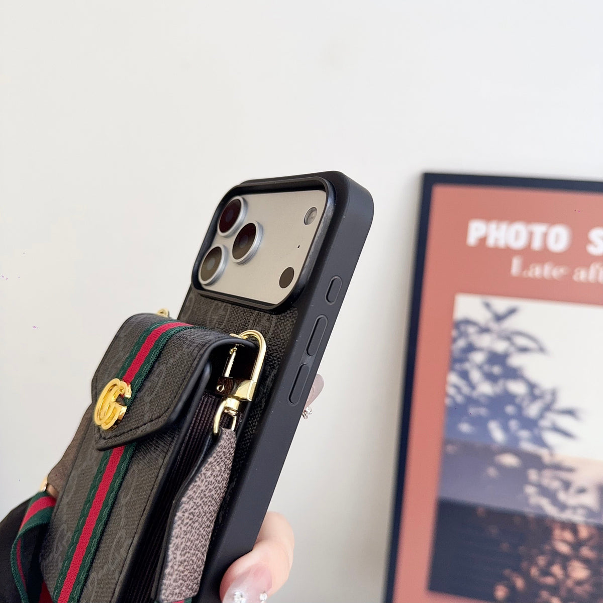 GG Classic Leather Card Holder Case with Strap for iPhone 12-18